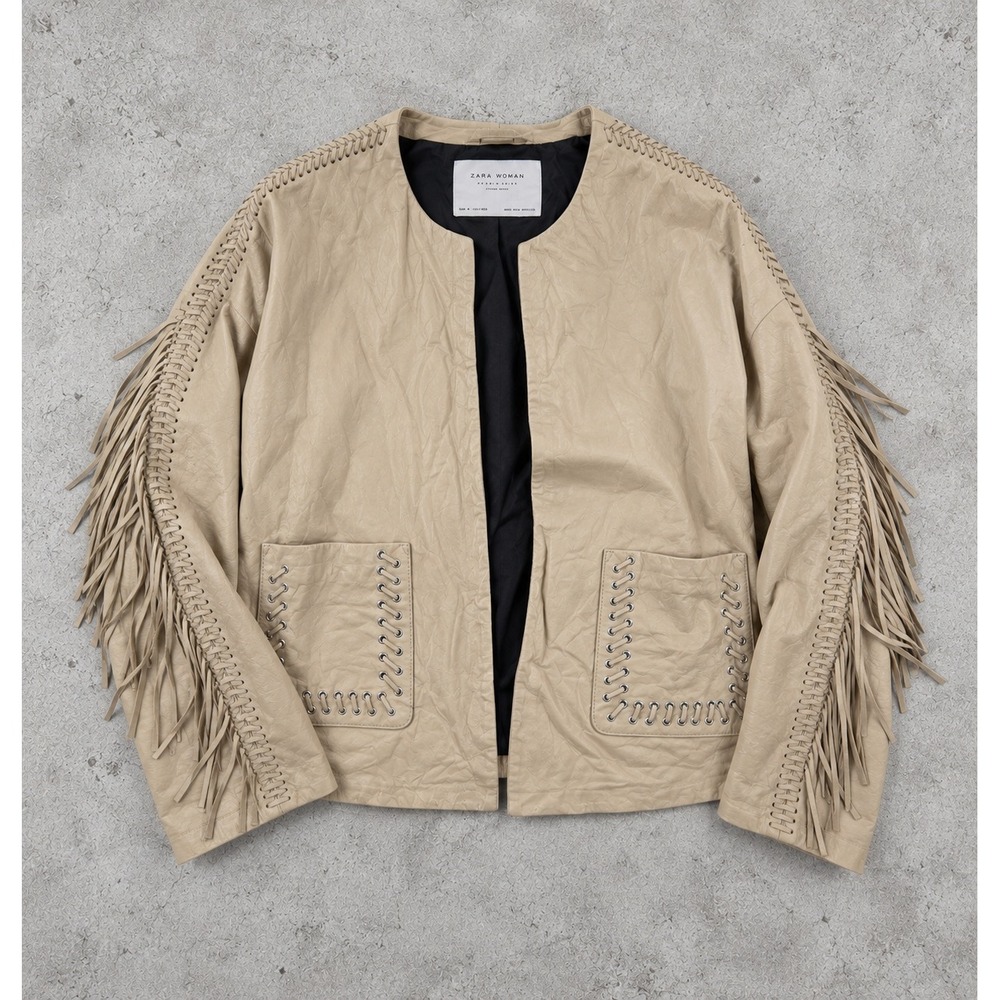 Zara Beige Fringe Sheep Leather Jacket Collarless Open Front Sophisticated S